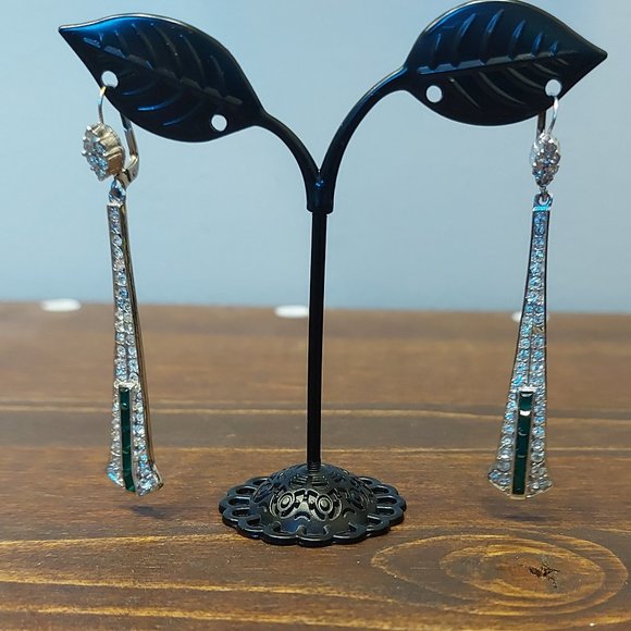 Vintage Ges Gesch Faux Emerald & Crystal Earrings - Picture 1 of 8